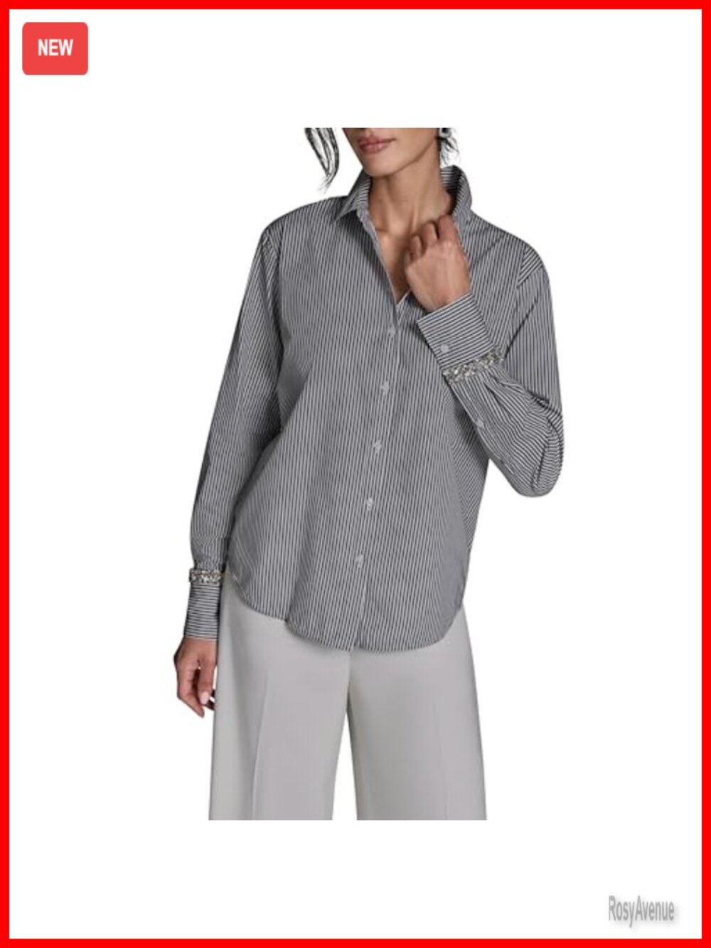 Long Sleeve Button Down Shirt with Rhinestone Cuffs & Collared Neck